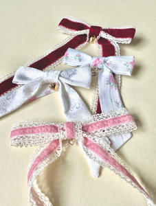Little Locket Bow | Silver or Gold | Petite Fabric Bow with Tails | Luxury Designer Hair Accessories | Made to Order-Hair Bow-Bardot Bow Gallery-Vintage Rose Cotton-Alligator Clip-Silver-Bardot Bow Gallery