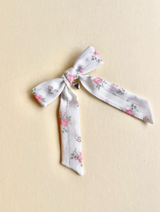 Little Locket Bow | Silver or Gold | Petite Fabric Bow with Tails | Luxury Designer Hair Accessories | Made to Order-Hair Bow-Bardot Bow Gallery-Vintage Rose Cotton-Alligator Clip-Silver-Bardot Bow Gallery