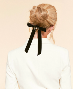 Little Black Velvet Bow | Pearl Luxe Link | Standard Bow with Tails | Luxury Designer Hair Accessories | Made to Order-Hair Bow-Bardot Bow Gallery-Hair Tie-Bardot Bow Gallery