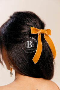 Petite Velvet Long Bow | Upscale Bows for Girls | Bow with Tails | Bow Clip, Barrette, Hair Tie | Multiple Colors | Luxury Designer Hair Accessories | Made to Order in USA-Hair Bow-Bardot Bow Gallery-Black-Hair Tie-Bardot Bow Gallery
