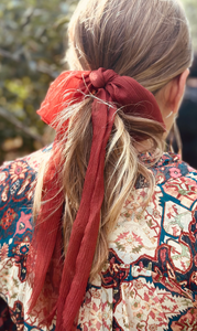 Rustic Romance Long Bow | 100% Silk Chiffon | Long Bow with Tails | Hand Tied Effortless Bow | Hand Tied and Handmade-Hair Bow-Bardot Bow Gallery-Brick-Medium Barrette-Bardot Bow Gallery