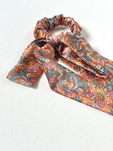 Tangerine Paisley Long Skinny Bow Scrunchie | Easy to Style | Luxury Designer Hair Accessories | Hand Tied and Made to Order-Bow Scrunchie-Bardot Bow Gallery-Bardot Bow Gallery
