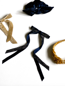 Twilight Tinsel | Velvet Skinny Long Bow | New Year Eve Bow | Bow Clip Barrette Hair Ties | Luxury Designer Hair Bows | Made to Order-Hair Bow-Bardot Bow Gallery-Hair Tie-Bardot Bow Gallery