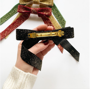 Lurex Metallic Velvet Bow | Tinsel Series | Sparkle Hair Bow | Bow Clip, Barrette, Hair Tie | Multiple Colors-Hair Bow-Bardot Bow Gallery-Black-Medium Barrette-Bardot Bow Gallery