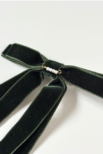 Velvet Skinny Long Bow with Pearl Detail| Custom Fastener | Gifts for Her-Bardot Bow Gallery-Forest Green-Hair Tie-Bardot Bow Gallery