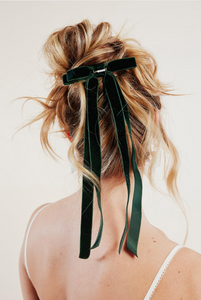 Velvet Skinny Long Bow with Pearl Detail| Custom Fastener | Gifts for Her-Bardot Bow Gallery-Forest Green-Hair Tie-Bardot Bow Gallery