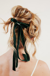 Velvet Skinny Long Bow with Pearl Detail| Custom Fastener | Gifts for Her-Bardot Bow Gallery-Forest Green-Hair Tie-Bardot Bow Gallery