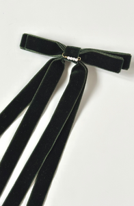 Velvet Skinny Long Bow with Pearl Detail| Custom Fastener | Gifts for Her-Bardot Bow Gallery-Forest Green-Hair Tie-Bardot Bow Gallery