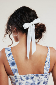 Seaside Pearl Linen Long Bow | Shell Charm or Jade Bead | Fabric Bow Barrette with Long Tails | Made to Order-Hair Bow-Bardot Bow Gallery-Chambray Sea Foam-Large Barrette-Bardot Bow Gallery