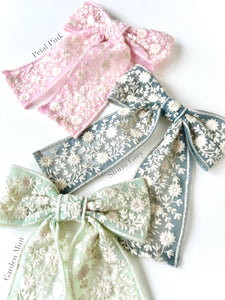 The Meadow Bow | Embroidered Saree Ribbon | Simply Spring | Flower Child Aesthetic | Oversize Boho Bow Clip-Hair Bow-Bardot Bow Gallery-Petal Pink-Med Alligator Clip-Bardot Bow Gallery