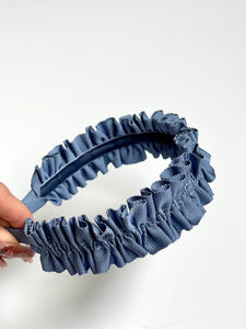 Ruffle Headband | Petersham Grosgrain Ribbon | Gathered by Hand | Luxury Designer Headband | Made to Order-Headbands-Bardot Bow Gallery-Blue-Bardot Bow Gallery