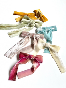 Le Petite Hand Dyed Silk Velvet Bow | 100% Silk Velvet | Bow Clip or Barrette | Luxury Designer Hair Piece | Made to Order-Hair Bow-Bardot Bow Gallery-Amber Gold-Alligator Clip-Bardot Bow Gallery