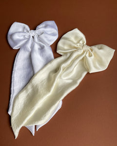The Statement Bridal Bow | Silky Satin Chiffon | Big Bow with Tails | Luxury Designer Hair Piece | Made to Order-Hair Accessories-Bardot Bow Gallery-White-Medium Alligator Clip-Bardot Bow Gallery