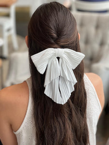 Pleated Oversize Bow | Fabric Bow with Tails | Pleated Satin | Luxury Designer Hair Accessories | Made to Order-Hair Bow-Bardot Bow Gallery-White-Medium Alligator Clip-Bardot Bow Gallery