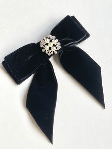 Glam Crystal Bow | Petite Oversize Short Bow | Velvet Bow with Tails | Bow Clip, Barrette, Brooch | Pearl Hair Ornament | Luxury Designer Hair Accessories | Made to Order in USA-Hair Bow-Bardot Bow Gallery-Black-3) Square Pearl-Alligator Clip-Bardot Bow Gallery