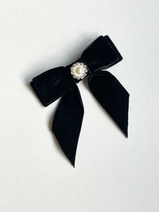 Glam Crystal Bow | Petite Oversize Short Bow | Velvet Bow with Tails | Bow Clip, Barrette, Brooch | Pearl Hair Ornament | Luxury Designer Hair Accessories | Made to Order in USA-Hair Bow-Bardot Bow Gallery-Black-1) Round Pearl-Alligator Clip-Bardot Bow Gallery