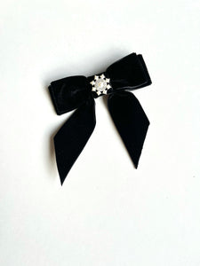Glam Crystal Bow | Petite Oversize Short Bow | Velvet Bow with Tails | Pearl Hair Piece | Made to Order-Hair Bow-Bardot Bow Gallery-Black-2) Snowflake-Alligator Clip-Bardot Bow Gallery