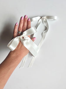 Timeless Romantic Satin Long Bow | 100% Silk Satin | Multiple Styles | Bow Clips | Bridal Accessory | Luxury Designer Hair Accessories | Made to Order in USA-Hair Bow-Bardot Bow Gallery-5/8" Ribbon-Bardot Bow Gallery