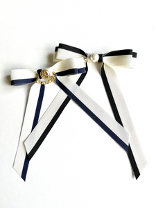 Pearl Tuxedo Grosgrain Long Bow | Standard Bow with Tails | Luxury Designer Hair Piece | Made to Order-Bardot Bow Gallery-Brooch Pin-Bardot Bow Gallery