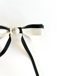 Pearl Tuxedo Grosgrain Long Bow | Standard Bow with Tails | Luxury Designer Hair Piece | Made to Order-Bardot Bow Gallery-Brooch Pin-Bardot Bow Gallery