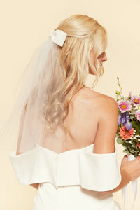 Bridal White Velvet Blair Bow Veil | Timeless Statement Hair Piece | Made to Order-Veil-Bardot Bow Gallery-White Bow + Veil-Alligator Clip-Bardot Bow Gallery