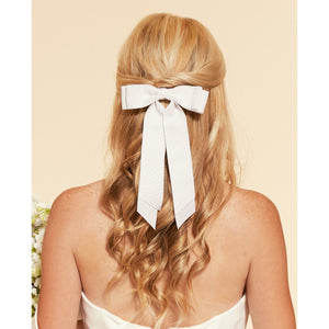 White Grosgrain Bridal Bow | Petite Oversize Long Bow | Petersham Grosgrain | Luxury Bridal Hair Bow | Made to Order-Hair Bow-Bardot Bow Gallery-Medium Barrette-Bardot Bow Gallery