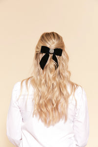 Glam Crystal Bow | Petite Oversize Short Bow | Velvet Bow with Tails | Bow Clip, Barrette, Brooch | Pearl Hair Ornament | Luxury Designer Hair Accessories | Made to Order in USA-Hair Bow-Bardot Bow Gallery-Black-1) Round Pearl-Alligator Clip-Bardot Bow Gallery