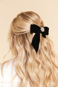 Glam Crystal Bow | Petite Oversize Short Bow | Velvet Bow with Tails | Pearl Hair Piece | Made to Order-Hair Bow-Bardot Bow Gallery-Black-1) Round Pearl-Alligator Clip-Bardot Bow Gallery